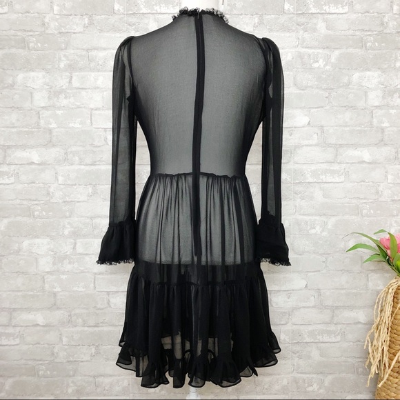 NWOT GENERATION LOVE Black Chiffon Ruffle Long Sleeve Semi Sheer Mini Dress Sm - Picture 3 of 16